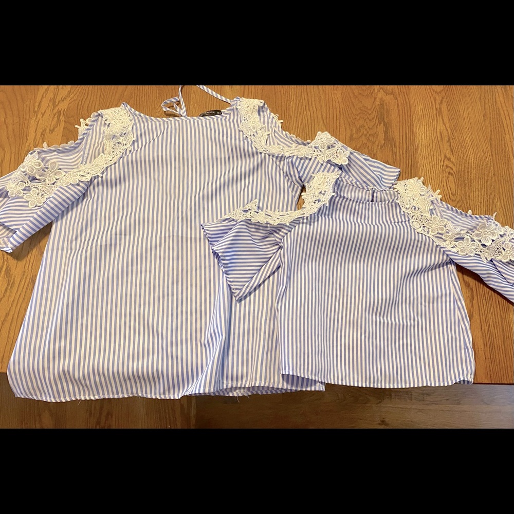 Adorable matching Mommy and Me cold shoulder tops with lace
